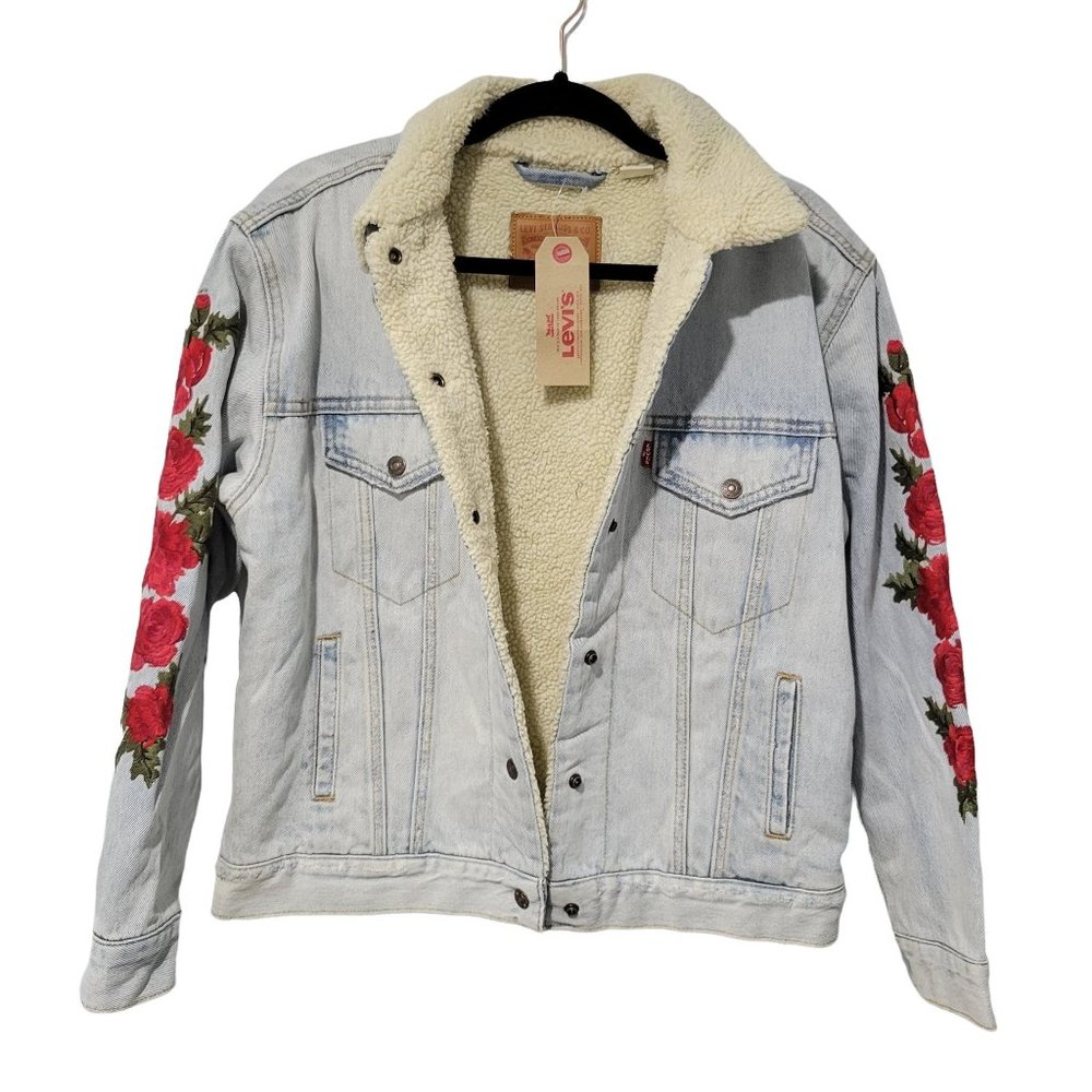 Women's Blue Ex-boyfriend Floral-embroidered Denim Sherpa Trucker Jack… - Picture 5 of 12